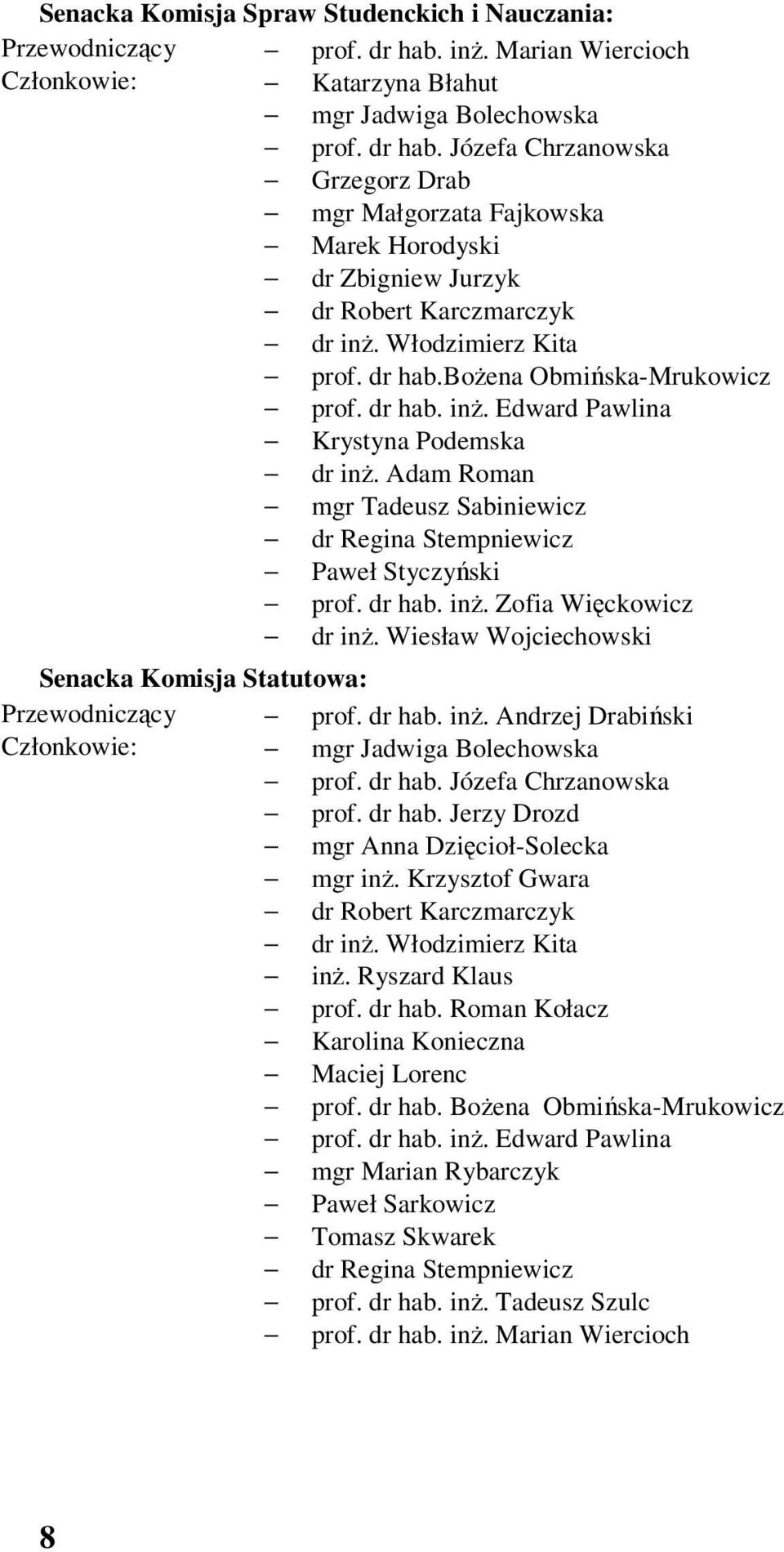 dr hab. inż. Zofia Więckowicz dr inż. Wiesław Wojciechowski Senacka Komisja Statutowa: Przewodniczący prof. dr hab. inż. Andrzej Drabiński Członkowie: mgr Jadwiga Bolechowska prof. dr hab. Józefa Chrzanowska prof.