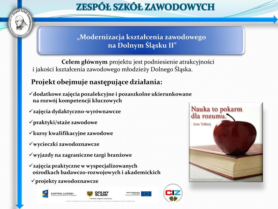 Projekt obejmuje następujące działania: dodatkowe zajęcia pozalekcyjne i pozaszkolne ukierunkowane na rozwój kompetencji kluczowych zajęcia