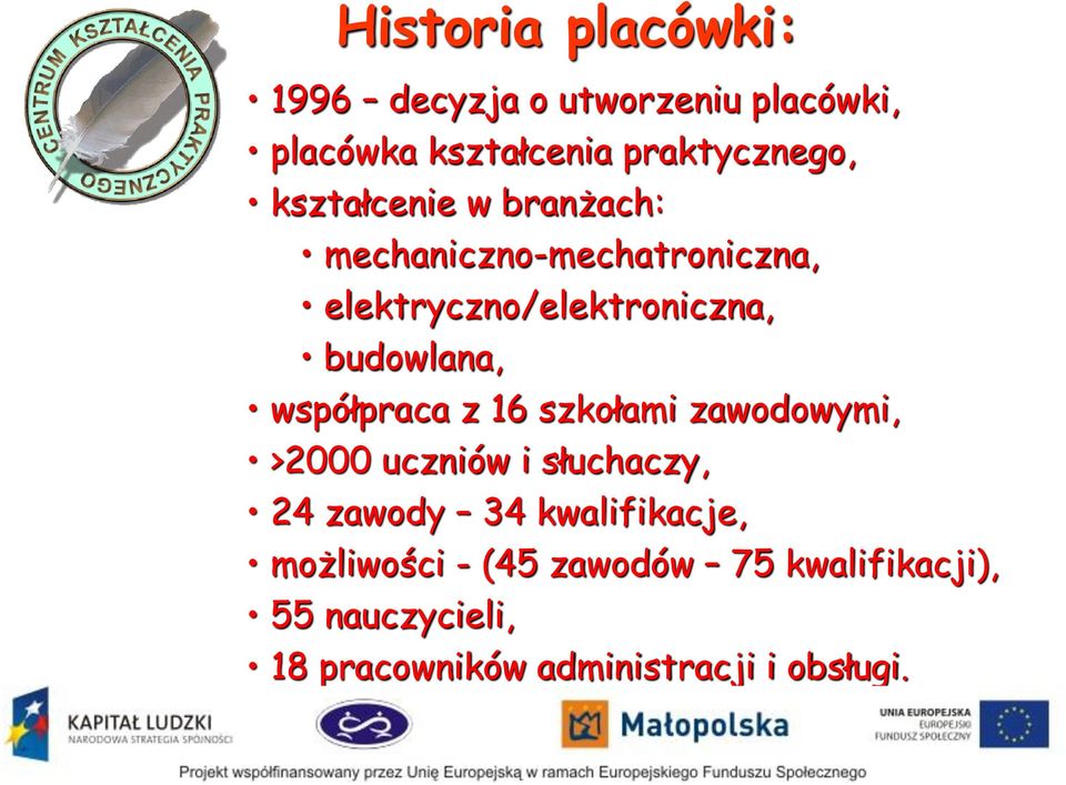 współpraca z 16 szkołami zawodowymi, >2000 uczniów i słuchaczy, 24 zawody 34 kwalifikacje,