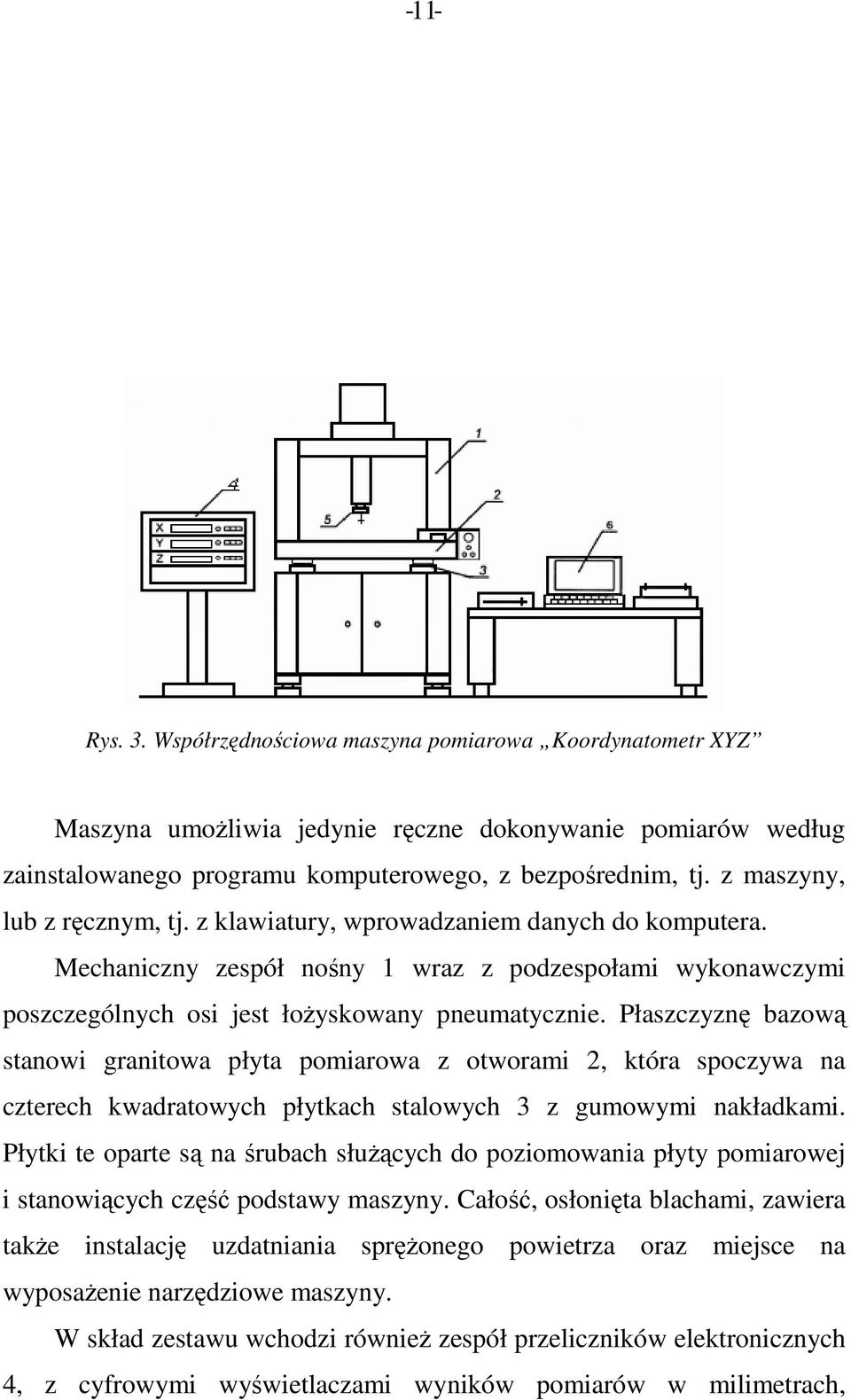 Płaszczyznę bazową stanowi granitowa płyta pomiarowa z otworami 2, która spoczywa na czterech kwadratowych płytkach stalowych 3 z gumowymi nakładkami.