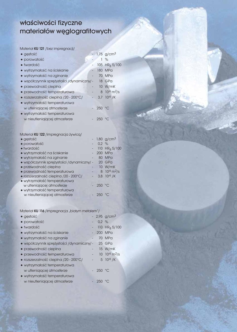 wytrzymałość temperaturowa w utleniającej atmosferze - 250 C wytrzymałość temperaturowa w nieutleniającej atmosferze - 250 C Materiał KU 122 /impregnacja żywicą/ gęstość - 1,80 g/cm 3 porowatość -