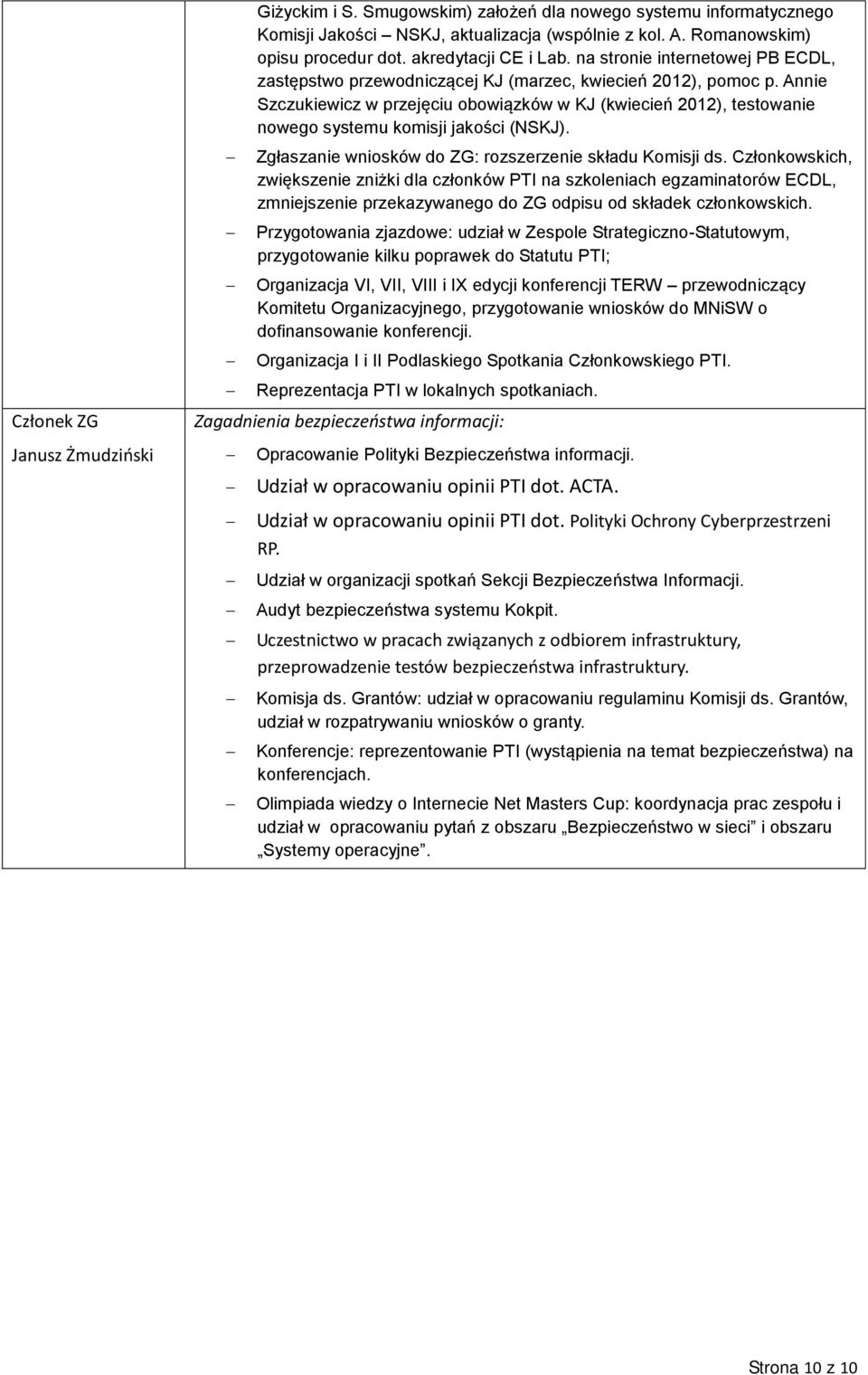 Annie Szczukiewicz w przejęciu obowiązków w KJ (kwiecień 2012), testowanie nowego systemu komisji jakości (NSKJ). Zgłaszanie wniosków do ZG: rozszerzenie składu Komisji ds.