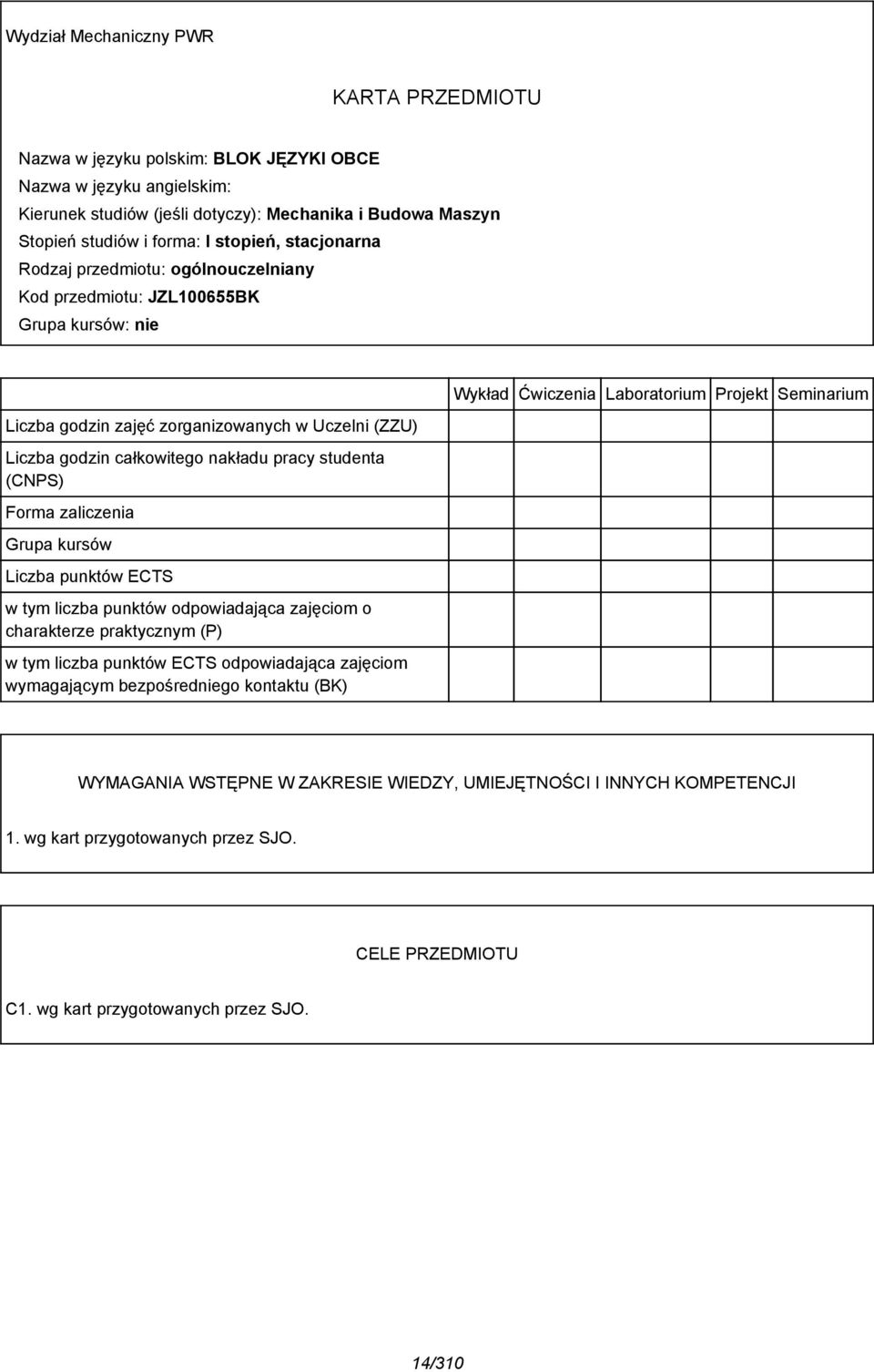 studenta (CNPS) Forma zaliczenia Grupa kursów Liczba punktów ECTS w tym liczba punktów odpowiadająca zajęciom o charakterze praktycznym (P) w tym liczba punktów ECTS odpowiadająca zajęciom