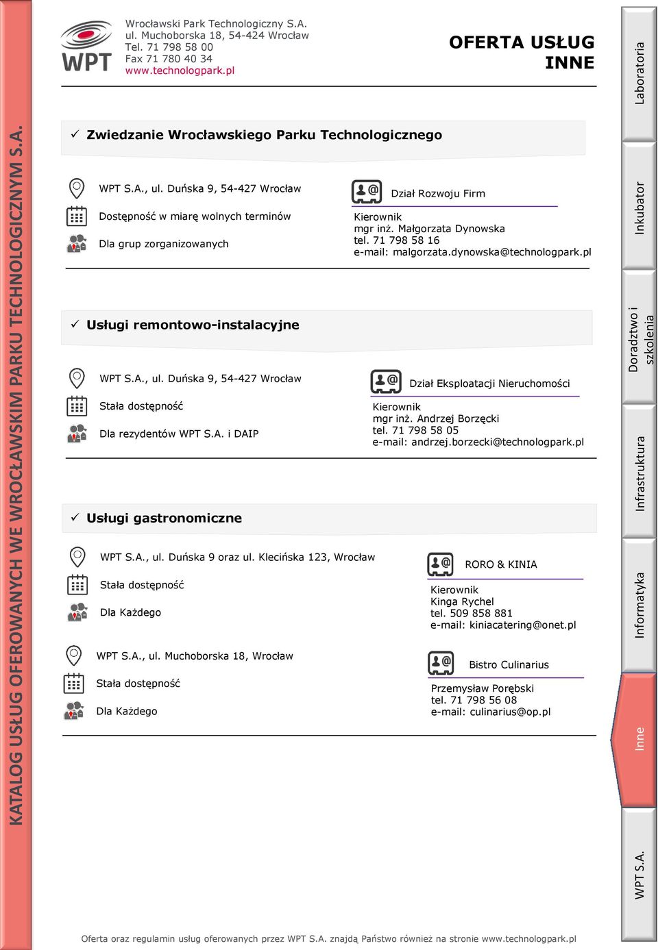 71 798 58 05 e-mail: andrzej.borzecki@technologpark.pl Usługi gastronomiczne WPT S.A., ul. Duńska 9 oraz ul. Klecińska 123, Wrocław RORO & KINIA Dla Każdego Kinga Rychel tel.