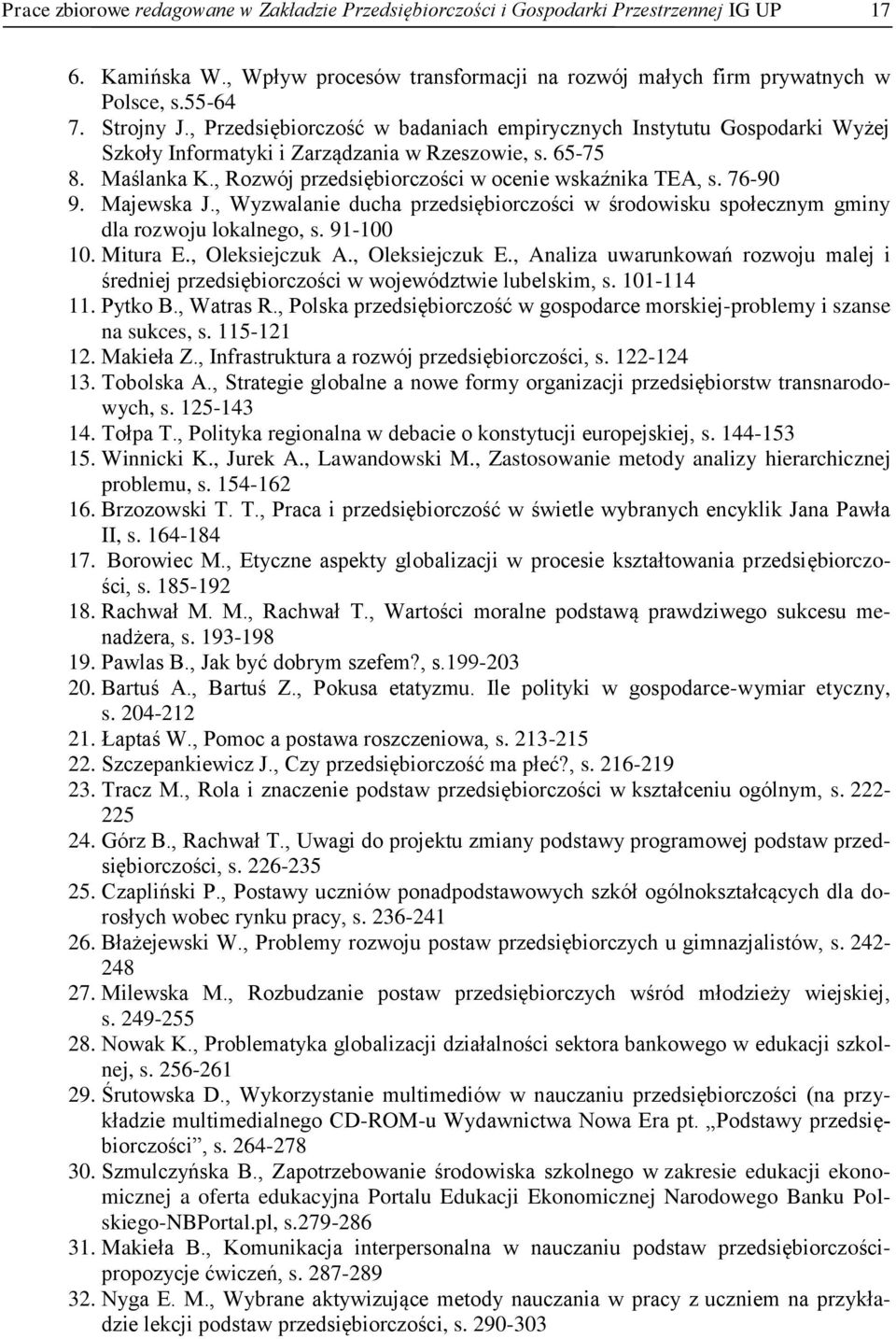 , Rozwój przedsiębiorczości w ocenie wskaźnika TEA, s. 76-90 9. Majewska J., Wyzwalanie ducha przedsiębiorczości w środowisku społecznym gminy dla rozwoju lokalnego, s. 91-100 10. Mitura E.