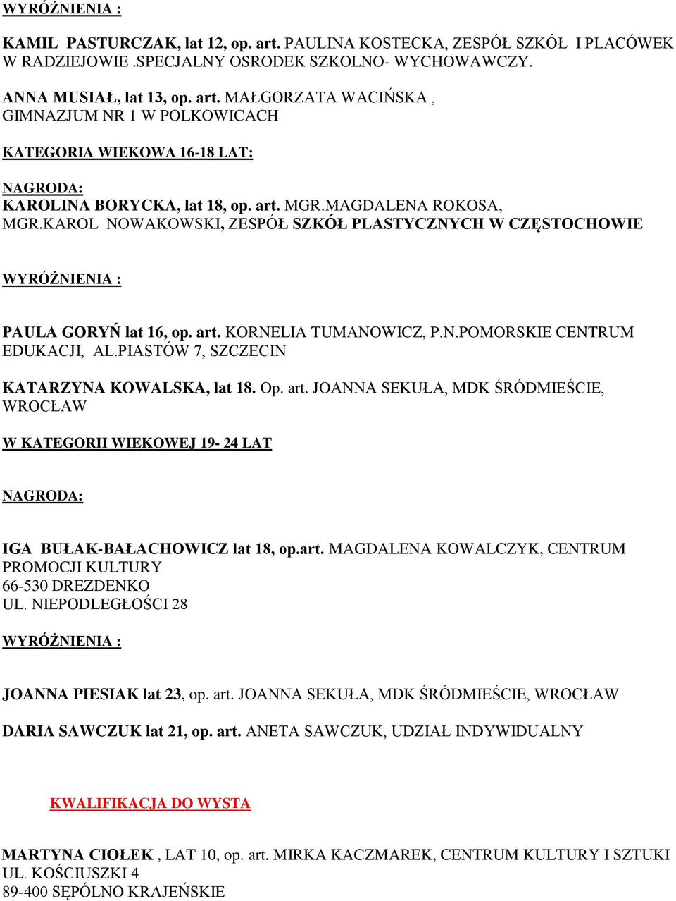 PIASTÓW 7, SZCZECIN KATARZYNA KOWALSKA, lat 18. Op. art. JOANNA SEKUŁA, MDK ŚRÓDMIEŚCIE, WROCŁAW W KATEGORII WIEKOWEJ 19-24 LAT NAGRODA: IGA BUŁAK-BAŁACHOWICZ lat 18, op.art. MAGDALENA KOWALCZYK, CENTRUM PROMOCJI KULTURY 66-530 DREZDENKO UL.