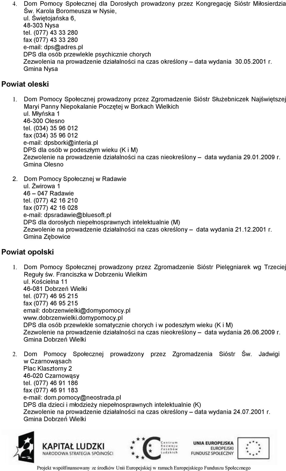 Gmina Nysa Powiat oleski 1. Dom Pomocy Społecznej prowadzony przez Zgromadzenie Sióstr Służebniczek Najświętszej Maryi Panny Niepokalanie Poczętej w Borkach Wielkich ul. Młyńska 1 46-300 Olesno tel.