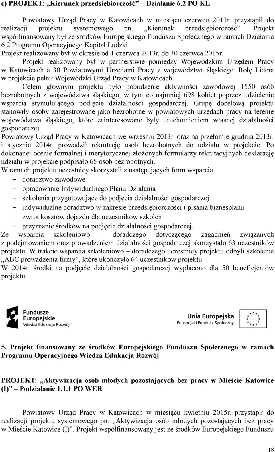 Projekt realizowany był w partnerstwie pomiędzy Wojewódzkim Urzędem Pracy w Katowicach a 30 Powiatowymi Urzędami Pracy z województwa śląskiego.