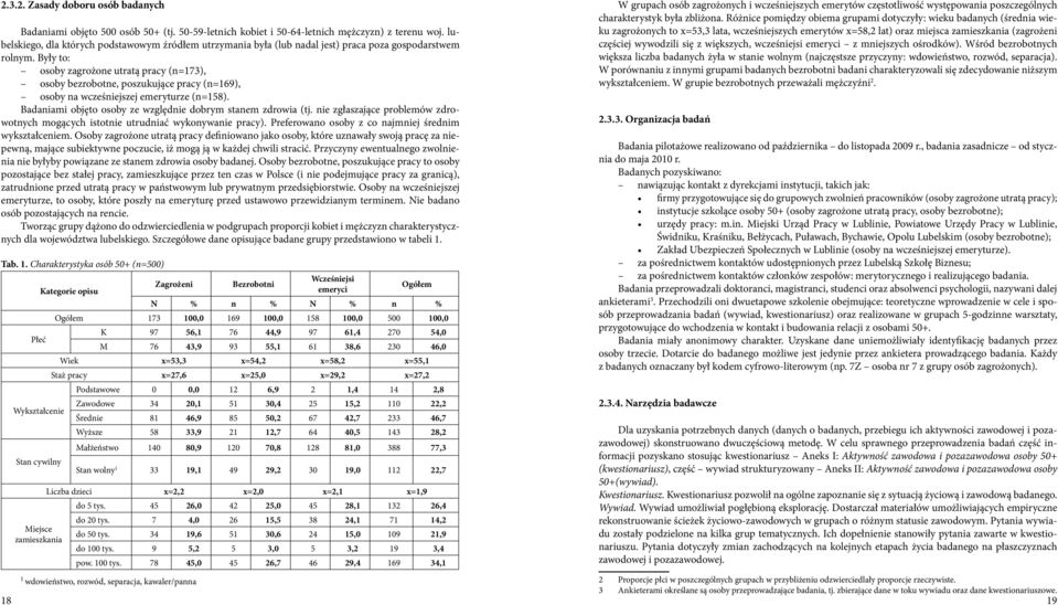 Były to: osoby zagrożone utratą pracy (n=173), osoby bezrobotne, poszukujące pracy (n=169), osoby na wcześniejszej emeryturze (n=158). Badaniami objęto osoby ze względnie dobrym stanem zdrowia (tj.