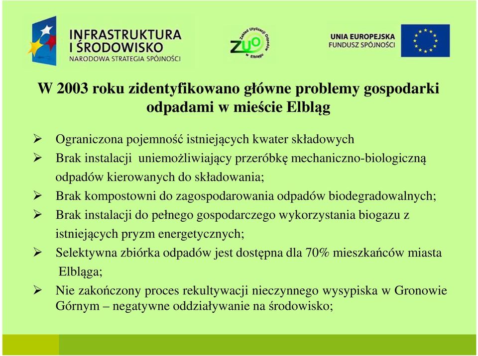 biodegradowalnych; Brak instalacji do pełnego gospodarczego wykorzystania biogazu z istniejących pryzm energetycznych; Selektywna zbiórka odpadów