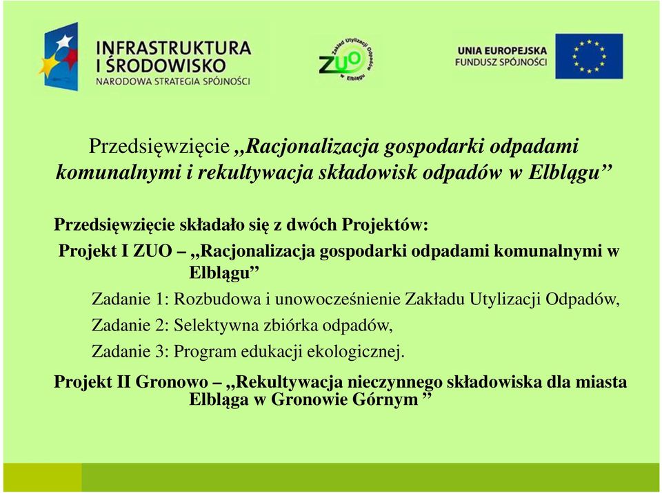 Elblągu Zadanie 1: Rozbudowa i unowocześnienie Zakładu Utylizacji Odpadów, Zadanie 2: Selektywna zbiórka odpadów,