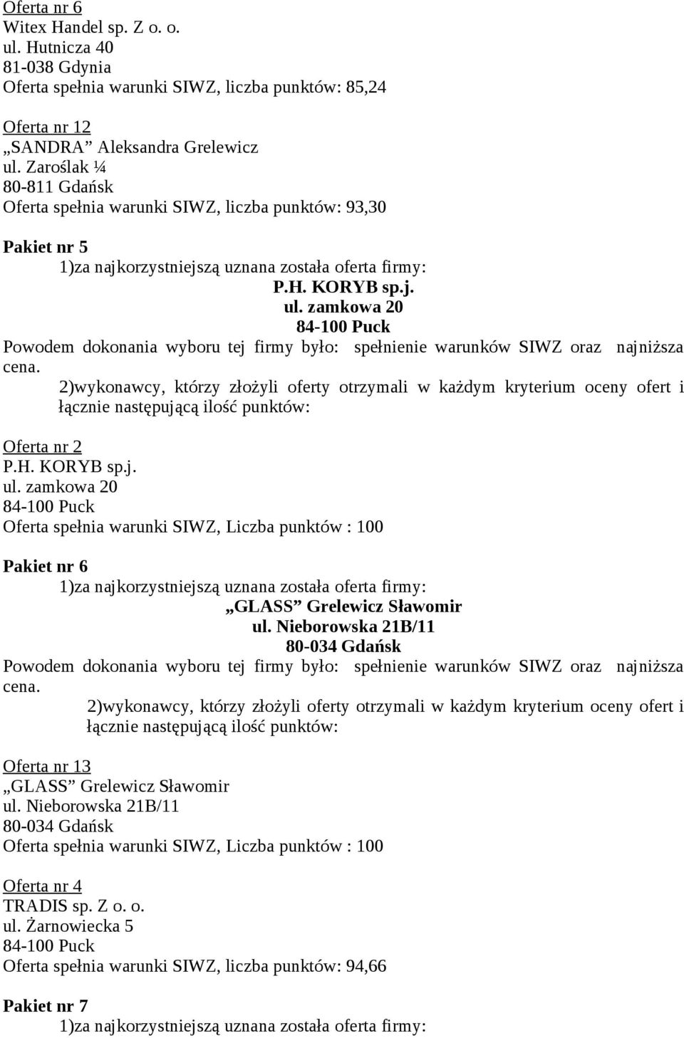 Zaroślak ¼ 80-811 Gdańsk Oferta spełnia warunki SIWZ, liczba punktów: 93,30 Pakiet nr 5 P.H. KORYB sp.j. ul.