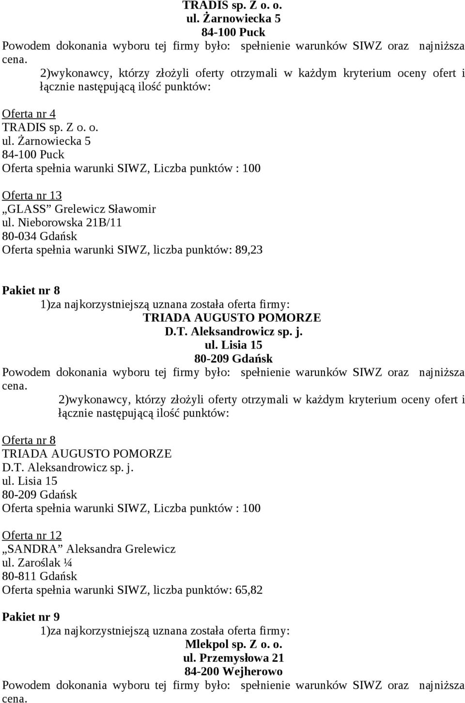 j. ul. Lisia 15 80-209 Gdańsk Oferta nr 8 TRIADA AUGUSTO POMORZE D.T. Aleksandrowicz sp. j. ul. Lisia 15 80-209 Gdańsk Oferta nr 12 SANDRA Aleksandra Grelewicz ul.
