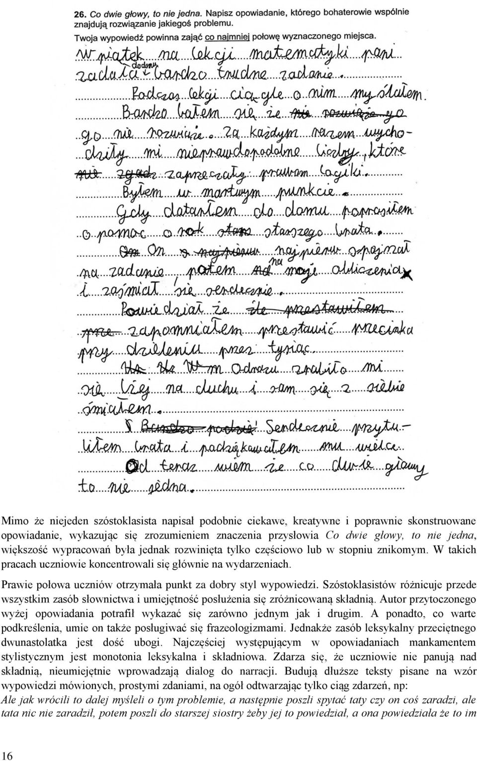 Prawie połowa uczniów otrzymała punkt za dobry styl wypowiedzi. Szóstoklasistów różnicuje przede wszystkim zasób słownictwa i umiejętność posłużenia się zróżnicowaną składnią.