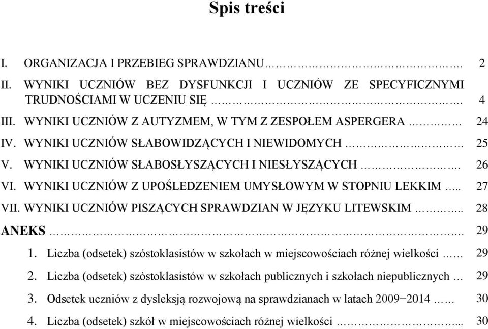 WYNIKI UCZNIÓW Z UPOŚLEDZENIEM UMYSŁOWYM W STOPNIU LEKKIM.. 27 VII. WYNIKI UCZNIÓW PISZĄCYCH SPRAWDZIAN W JĘZYKU LITEWSKIM.. 28 ANEKS. 29 1.