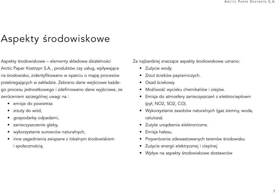 gleby, wykorzystanie surowców naturalnych, inne zagadnienia związane z lokalnym środowiskiem i społecznością. Za najbardziej znaczące aspekty środowiskowe uznano: Zużycie wody.