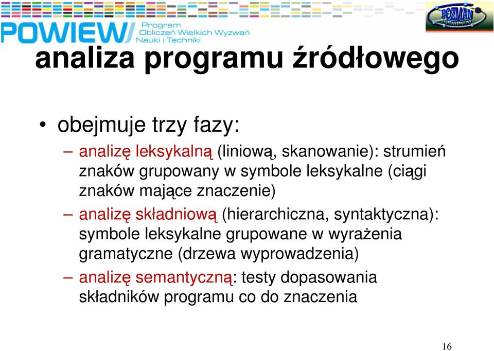 składniow (hierarchiczna, syntaktyczna): symbole leksykalne grupowane w wyraenia