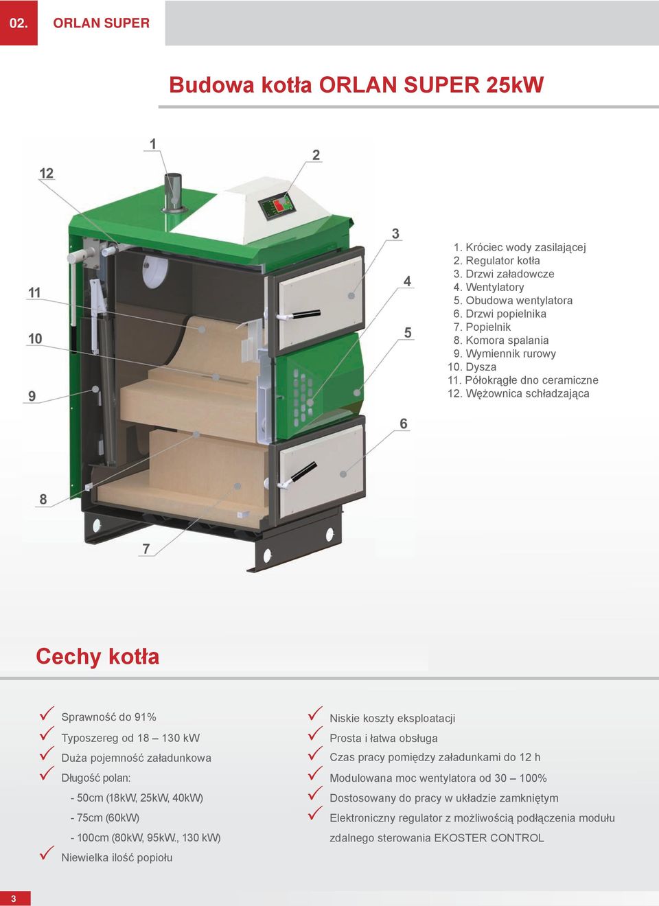 Wężownica schładzająca Cechy kotła Sprawność do 9% Typoszereg od 8 0 kw Duża pojemność załadunkowa Długość polan: - 50cm (8kW, 25kW, 40kW) - 75cm (60kW) - 00cm (80kW, 95kW.