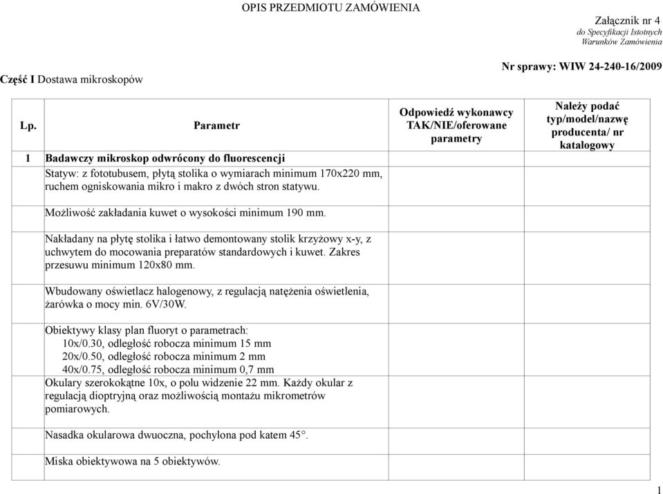 Możliwość zakładania kuwet o wysokości minimum 190 mm. Nakładany na płytę stolika i łatwo demontowany stolik krzyżowy x-y, z uchwytem do mocowania preparatów standardowych i kuwet.