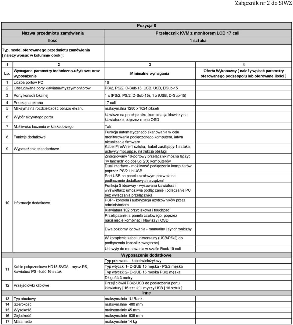 kombinacja klawiszy na klawiaturze, poprzez menu OSD 7 Możliwość łaczenia w kaskadowego Tak 8 Funkcje dodatkowe Funkcja automatycznego skanowania w celu monitorowania podłączonego komputera, łatwa