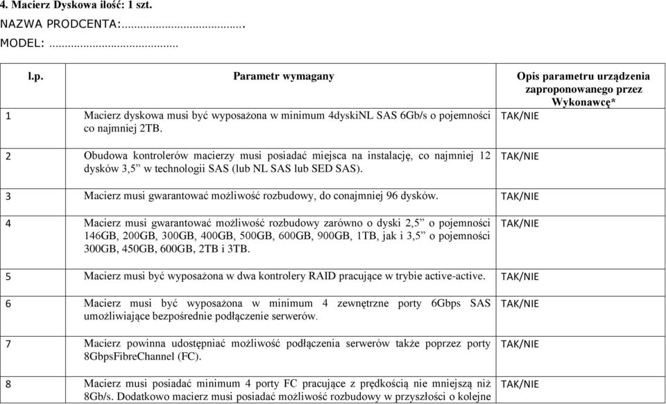 2 Obudowa kontrolerów macierzy musi posiadać miejsca na instalację, co najmniej 12 dysków 3,5 w technologii SAS (lub NL SAS lub SED SAS).