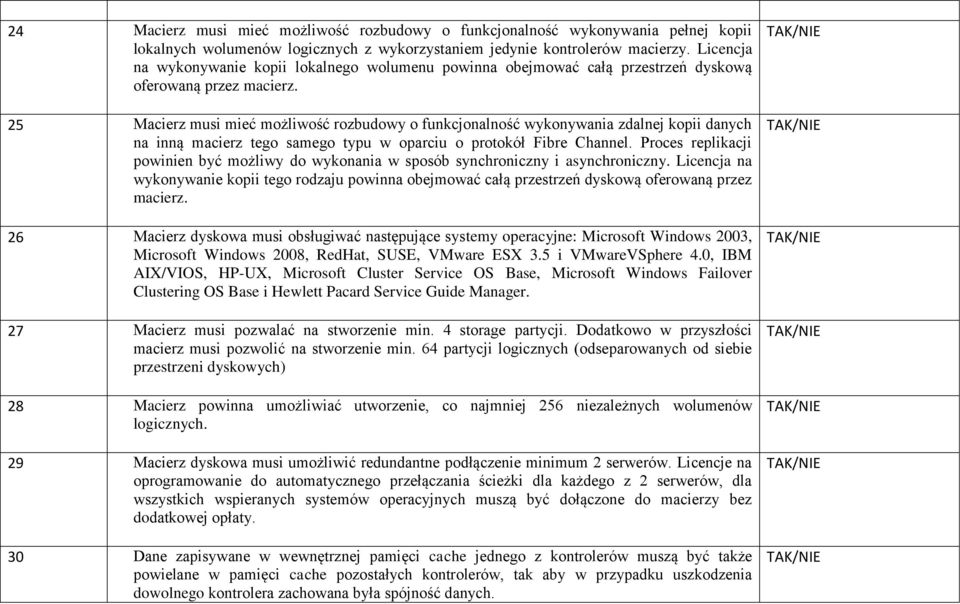 25 Macierz musi mieć możliwość rozbudowy o funkcjonalność wykonywania zdalnej kopii danych na inną macierz tego samego typu w oparciu o protokół Fibre Channel.