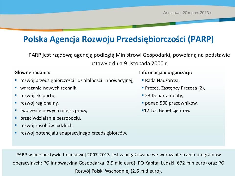 rozwój zasobów ludzkich, rozwój potencjału adaptacyjnego przedsiębiorców. Informacja o organizacji: Rada Nadzorcza, Prezes, Zastępcy Prezesa (2), 23 Departamenty, ponad 500 pracowników, 12 tys.