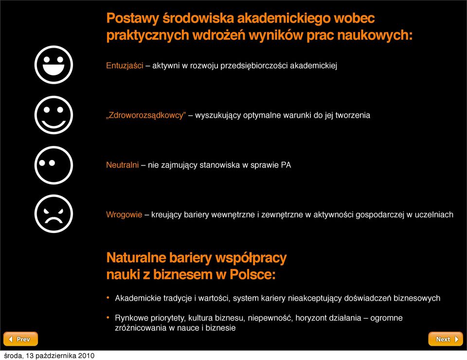 i zewnętrzne w aktywności gospodarczej w uczelniach Naturalne bariery współpracy nauki z biznesem w Polsce: Akademickie tradycje i wartości, system