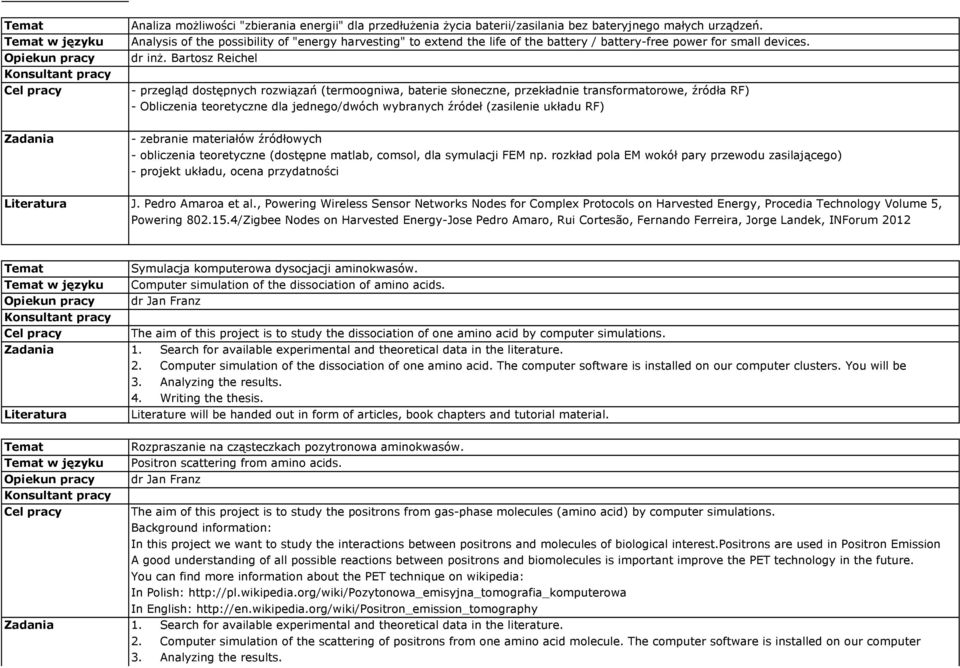 - przegląd dostępnych rozwiązań (termoogniwa, baterie słoneczne, przekładnie transformatorowe, źródła RF) - Obliczenia teoretyczne dla jednego/dwóch wybranych źródeł (zasilenie układu RF) - zebranie