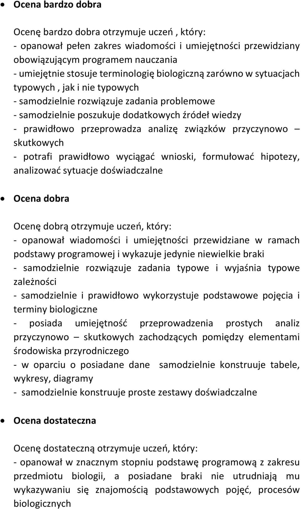 związków przyczynowo skutkowych - potrafi prawidłowo wyciągać wnioski, formułować hipotezy, analizować sytuacje doświadczalne Ocena dobra Ocenę dobrą otrzymuje uczeń, który: - opanował wiadomości i