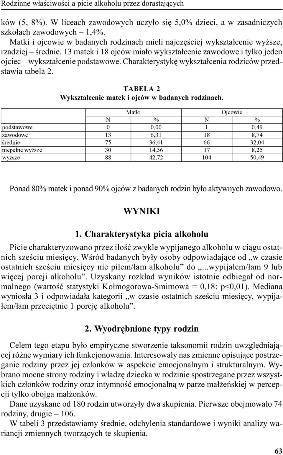 Charakterystykê wykszta³cenia rodziców przedstawia tabela 2. TABELA 2 Wykszta³cenie matek i ojców w badanych rodzinach.