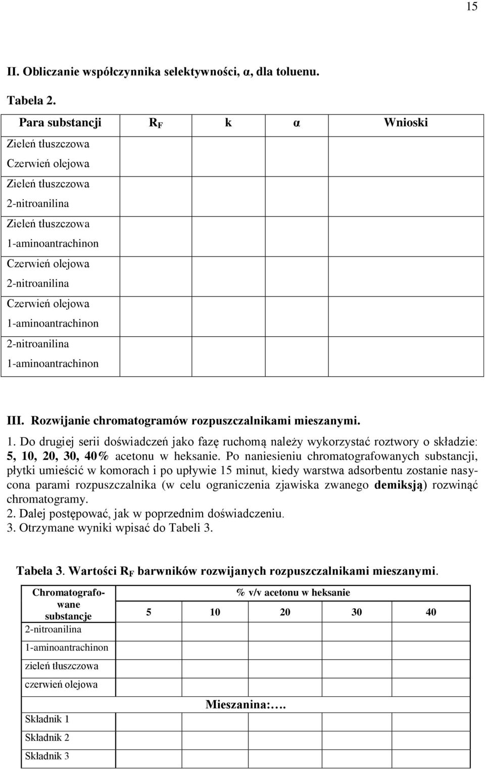 Po naniesieniu chromatografowanych substancji, płytki umieścić w komorach i po upływie 15 minut, kiedy warstwa adsorbentu zostanie nasycona parami rozpuszczalnika (w celu ograniczenia zjawiska