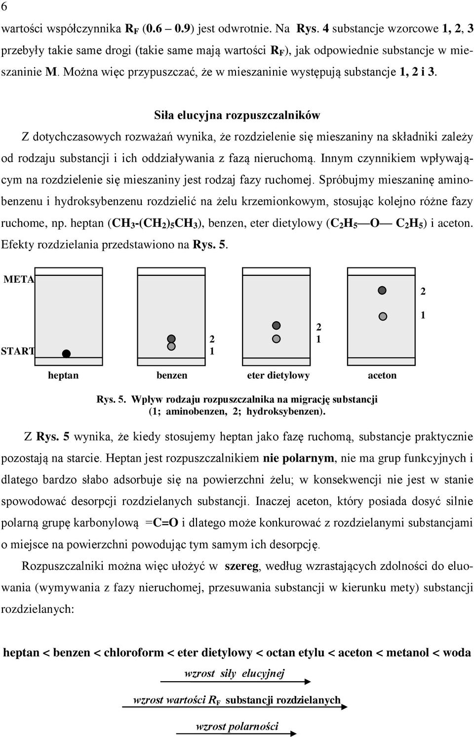 Siła elucyjna rozpuszczalników Z dotychczasowych rozważań wynika, że rozdzielenie się mieszaniny na składniki zależy od rodzaju substancji i ich oddziaływania z fazą nieruchomą.
