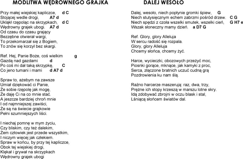 Hej, Panie Boże, coś wielkim Gazdą nad gazdami d Po coś mi dał taką skrzypkę, C Co jeno tumani i mami d A7 d Spraw to, ażebym na zawsze Umiał dziękować ci Panie, Że sobie rzępolę jak mogę, Że daję Ci