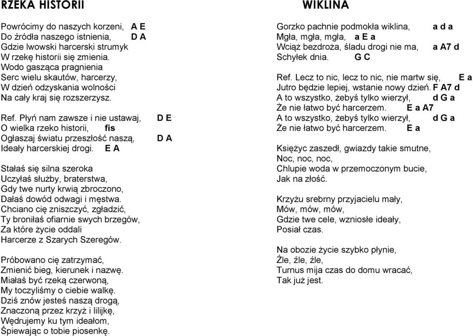 Płyń nam zawsze i nie ustawaj, O wielka rzeko historii, fis Ogłaszaj światu przeszłość naszą, Ideały harcerskiej drogi.