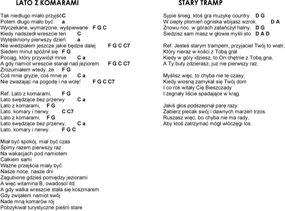 zważając na pogodę i na wolę! F G C C7 Ref. Lato z komarami, F G Lato swędzące bez przerwy C a Lato z komarami, F G Lato, komary i nerwy.