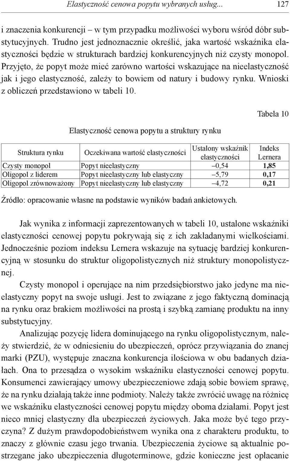 Przyjęto, że popyt może mieć zarówno wartości wskazujące na nieelastyczność jak i jego elastyczność, zależy to bowiem od natury i budowy rynku. Wnioski z obliczeń przedstawiono w tabeli 10.