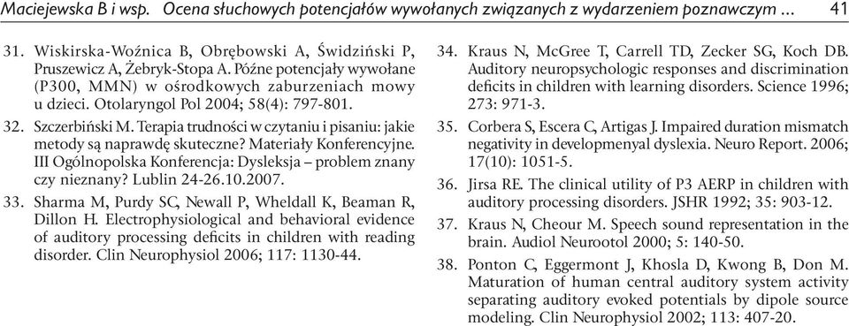 Terapia trudności w czytaniu i pisaniu: jakie metody są naprawdę skuteczne? Materiały Konferencyjne. III Ogólnopolska Konferencja: Dysleksja problem znany czy nieznany? Lublin 24-26.10.2007. 33.