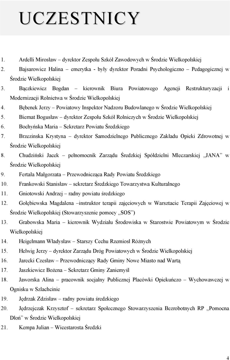 Biernat Bogusław dyrektor Zespołu Szkół Rolniczych w Środzie 6. Bochyńska Maria Sekretarz Powiatu Średzkiego 7.