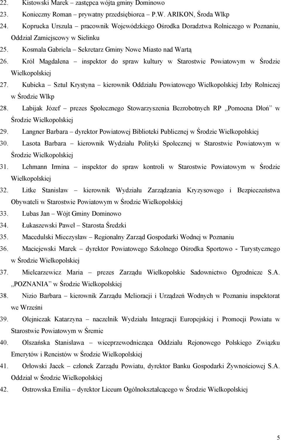 Król Magdalena inspektor do spraw kultury w Starostwie Powiatowym w Środzie 27. Kubicka Sztul Krystyna kierownik Oddziału Powiatowego Izby Rolniczej w Środzie Wlkp 28.