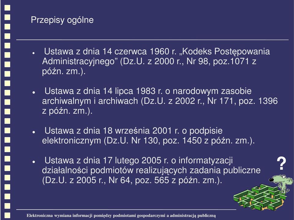 ). Ustawa z dnia 18 września 2001 r. o podpisie elektronicznym (Dz.U. Nr 130, poz. 1450 z późn. zm.). Ustawa z dnia 17 lutego 2005 r.