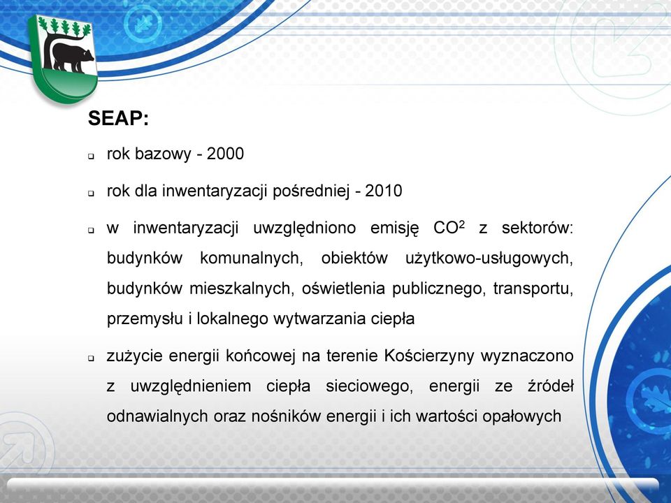 transportu, przemysłu i lokalnego wytwarzania ciepła zużycie energii końcowej na terenie Kościerzyny