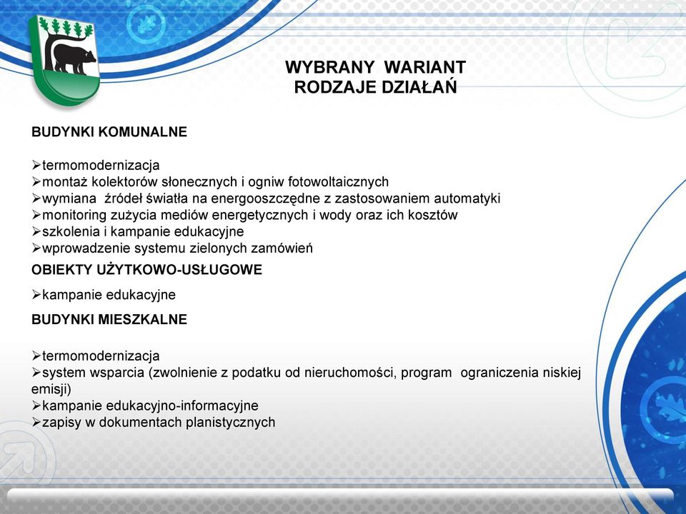 edukacyjne wprowadzenie systemu zielonych zamówień OBIEKTY UŻYTKOWO-USŁUGOWE kampanie edukacyjne BUDYNKI MIESZKALNE termomodernizacja system