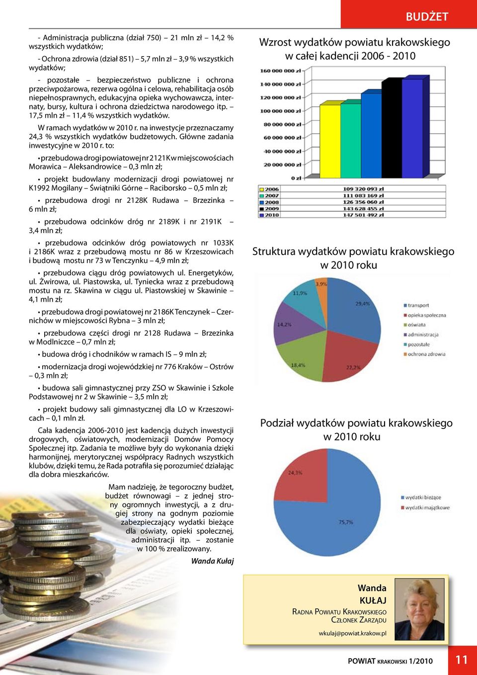 17,5 mln zł 11,4 % wszystkich wydatków. W ramach wydatków w 2010 r. na inwestycje przeznaczamy 24,3 % wszystkich wydatków budżetowych. Główne zadania inwestycyjne w 2010 r.