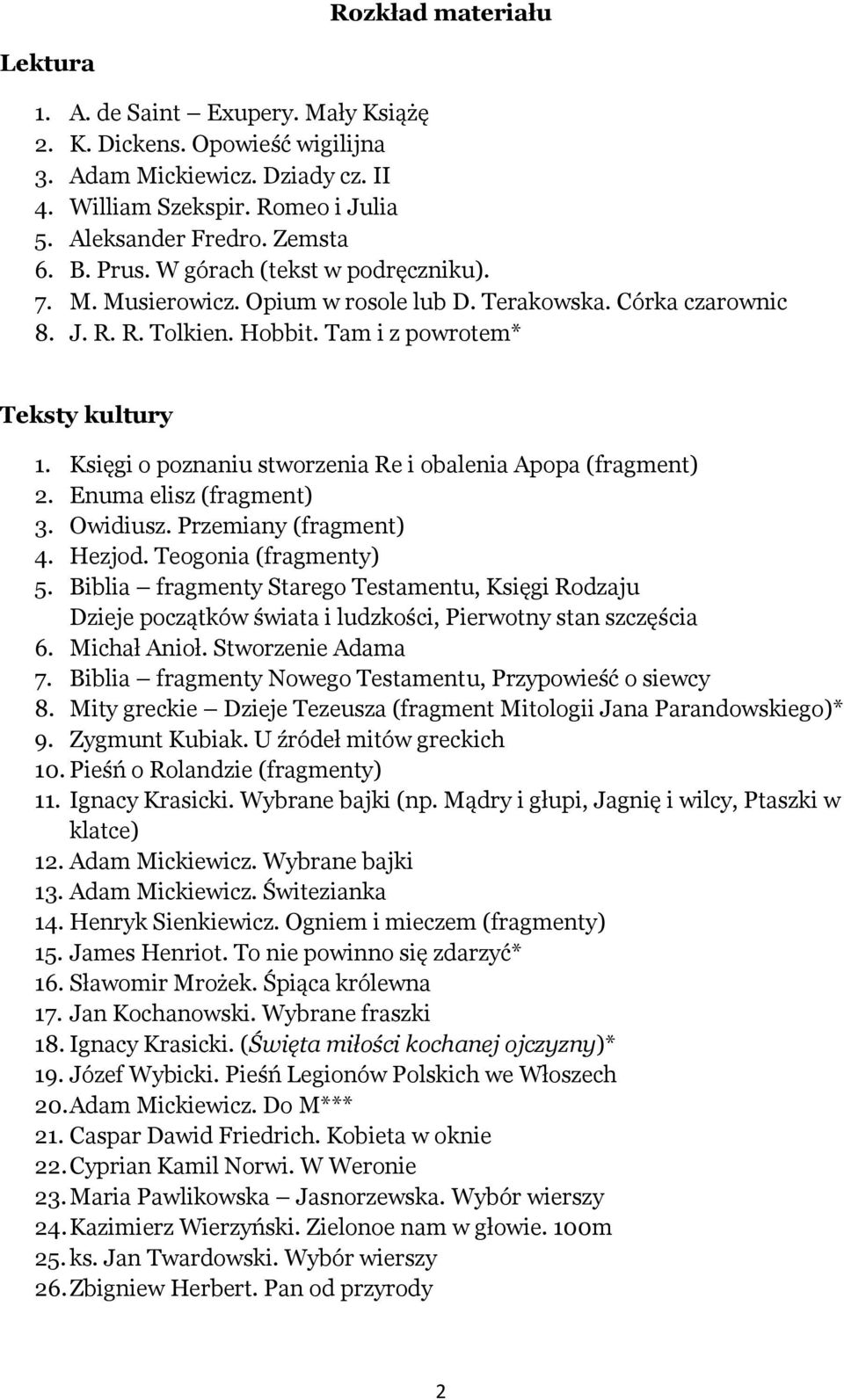 Księgi o poznaniu stworzenia Re i obalenia Apopa (fragment) 2. Enuma elisz (fragment) 3. Owidiusz. Przemiany (fragment) 4. Hezjod. Teogonia (fragmenty) 5.