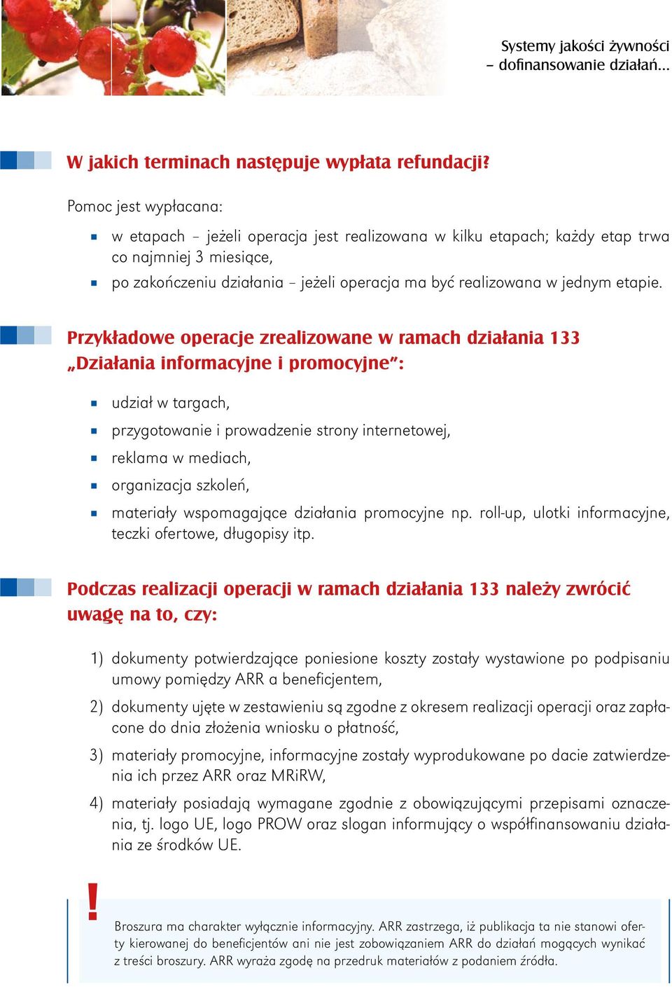 Przykładowe operacje zrealizowane w ramach działania 133 Działania informacyjne i promocyjne : udział w targach, przygotowanie i prowadzenie strony internetowej, reklama w mediach, organizacja