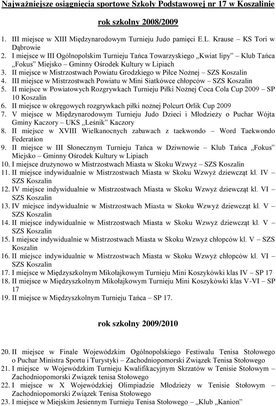 II miejsce w Mistrzostwach Powiatu Grodzkiego w Piłce Nożnej SZS Koszalin 4. III miejsce w Mistrzostwach Powiatu w Mini Siatkówce chłopców SZS Koszalin 5.