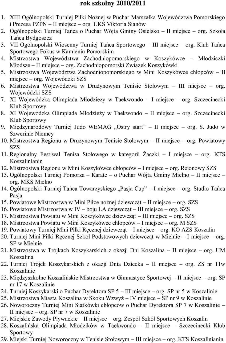 Klub Tańca Sportowego Fokus w Kamieniu Pomorskim 4. Mistrzostwa Województwa Zachodniopomorskiego w Koszykówce Młodziczki Młodsze II miejsce org. Zachodniopomorski Związek Koszykówki 5.