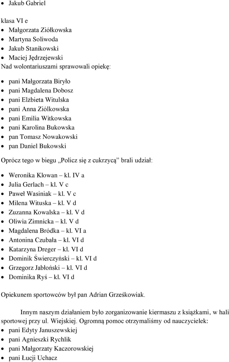 IV a Julia Gerlach kl. V c Paweł Wasiniak kl. V c Milena Wituska kl. V d Zuzanna Kowalska kl. V d Oliwia Zimnicka kl. V d Magdalena Bródka kl. VI a Antonina Czubała kl. VI d Katarzyna Dreger kl.