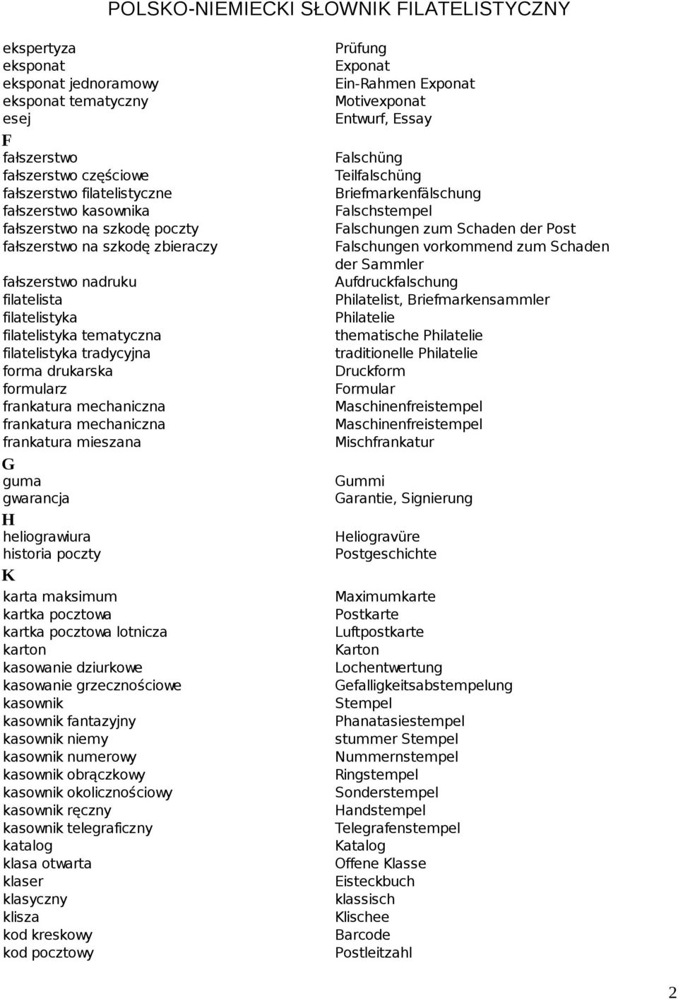 mieszana G guma gwarancja H heliograwiura historia poczty K karta maksimum kartka pocztowa kartka pocztowa lotnicza karton kasowanie dziurkowe kasowanie grzecznościowe kasownik kasownik fantazyjny